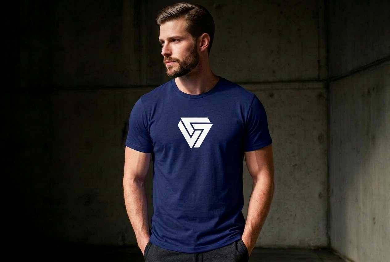 Vryburgers Clothing model wearing a royal blue tee