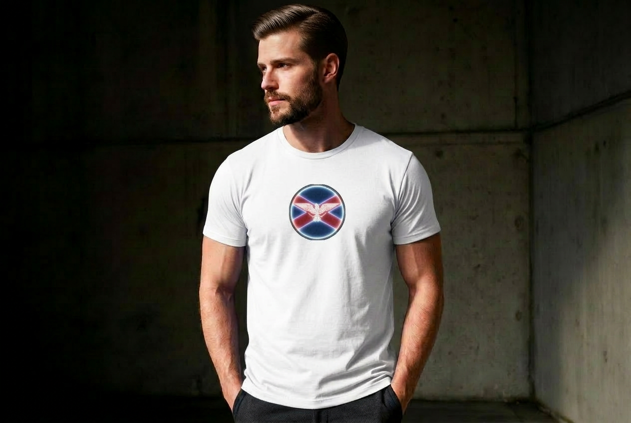 Model wearing the Phoenix roundel white tee