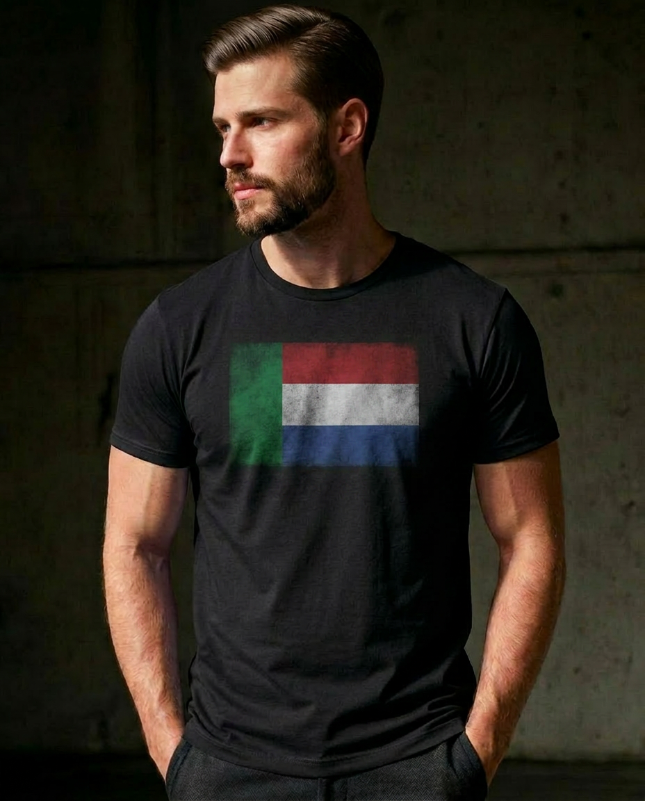 Model wearing the Vierkleur flag black tee
