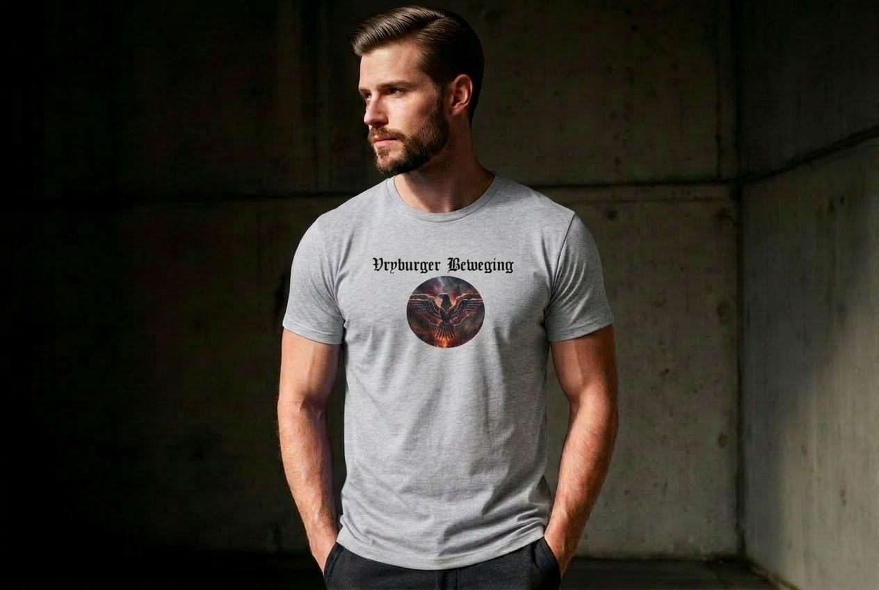 Model wearing the Vryburger Beweging gothic-print tee